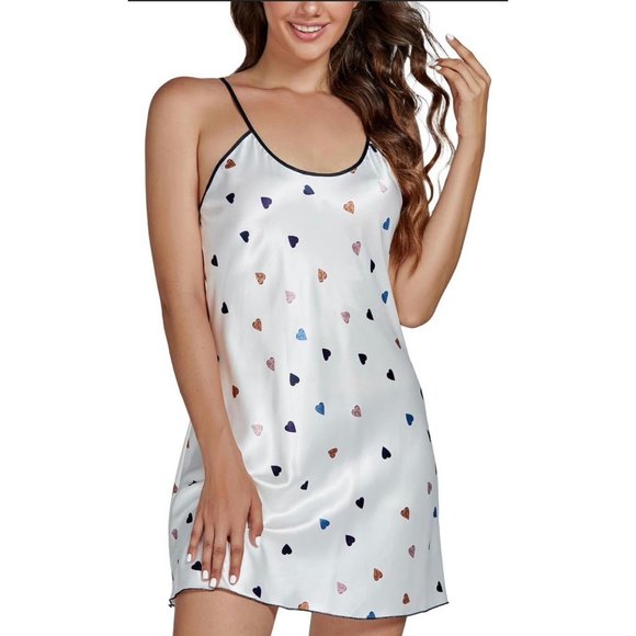 woman’s spaghetti strap bowknot print satin cami chemise slip night dress heart - Picture 1 of 4